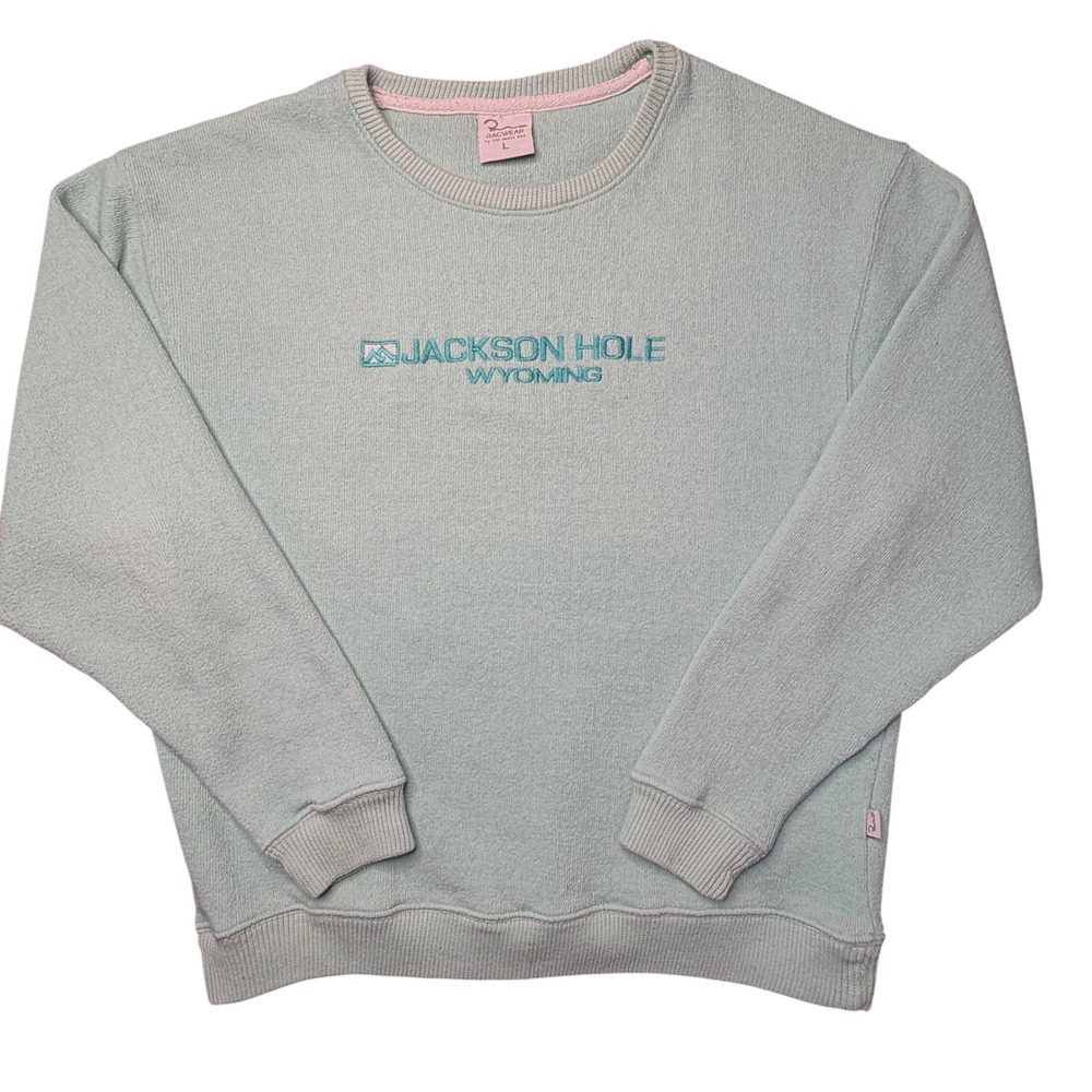 Vtg 90s Ragwear Jackson Hole Wyoming Embroidered Sweatshirt Mint Green Large Ski